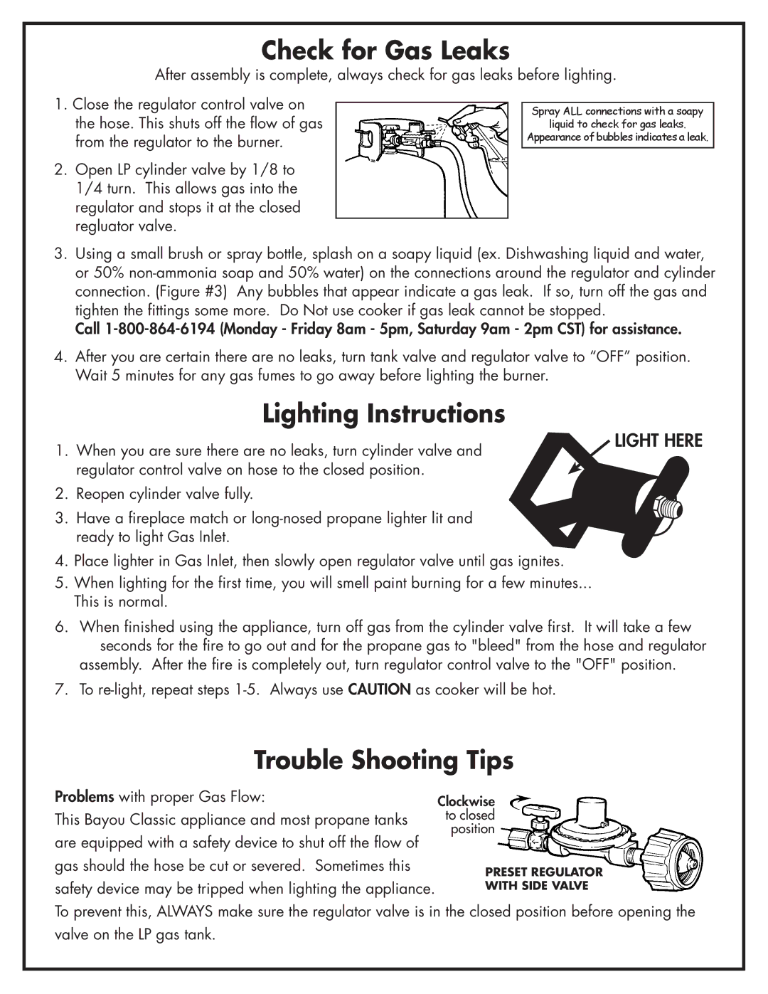 Bayou Classic 700-701 manual Check for Gas Leaks, Lighting Instructions, Trouble Shooting Tips 