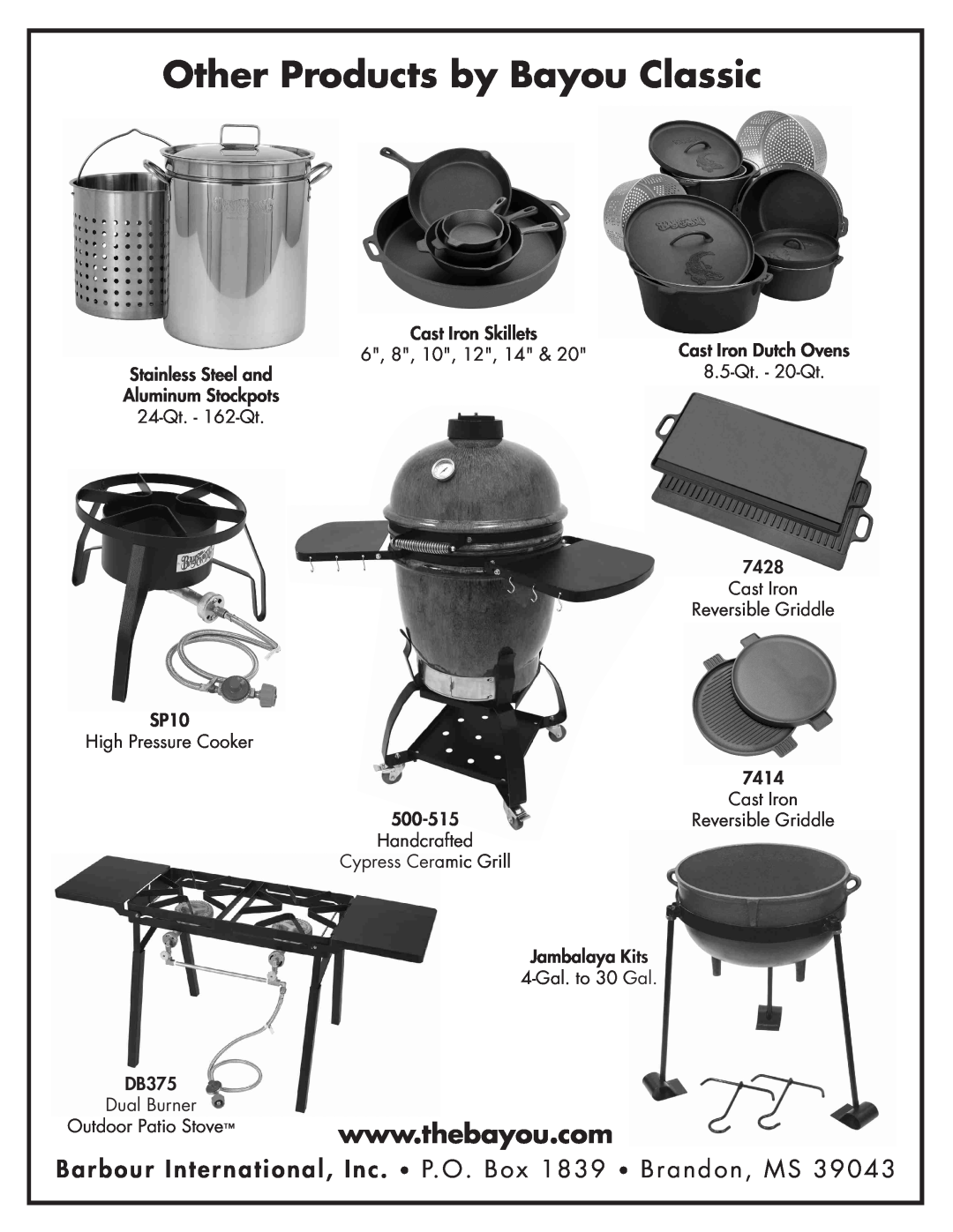 Bayou Classic 700-701 manual Barbour International, Inc. P.O. Box 1839 Brandon, MS, Other Products by Bayou Classic 