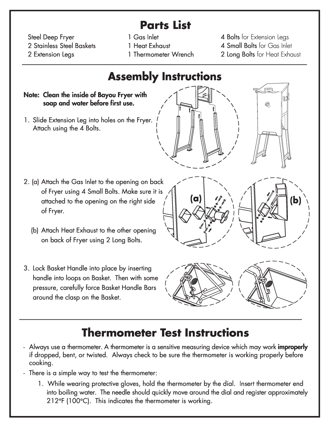 Bayou Classic 700-701 manual Parts List, Assembly Instructions, Thermometer Test Instructions 