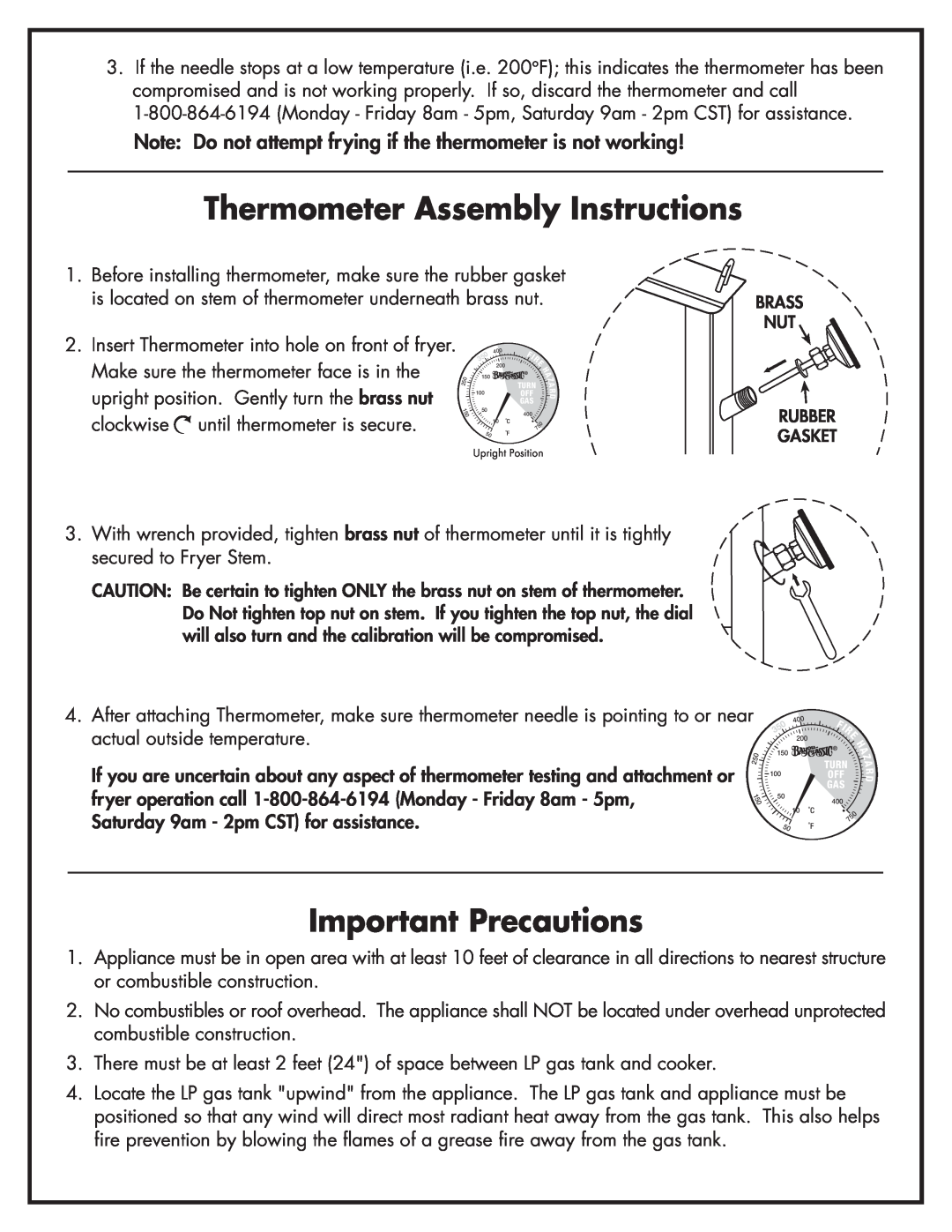 Bayou Classic 700-701 manual Thermometer Assembly Instructions, Important Precautions 