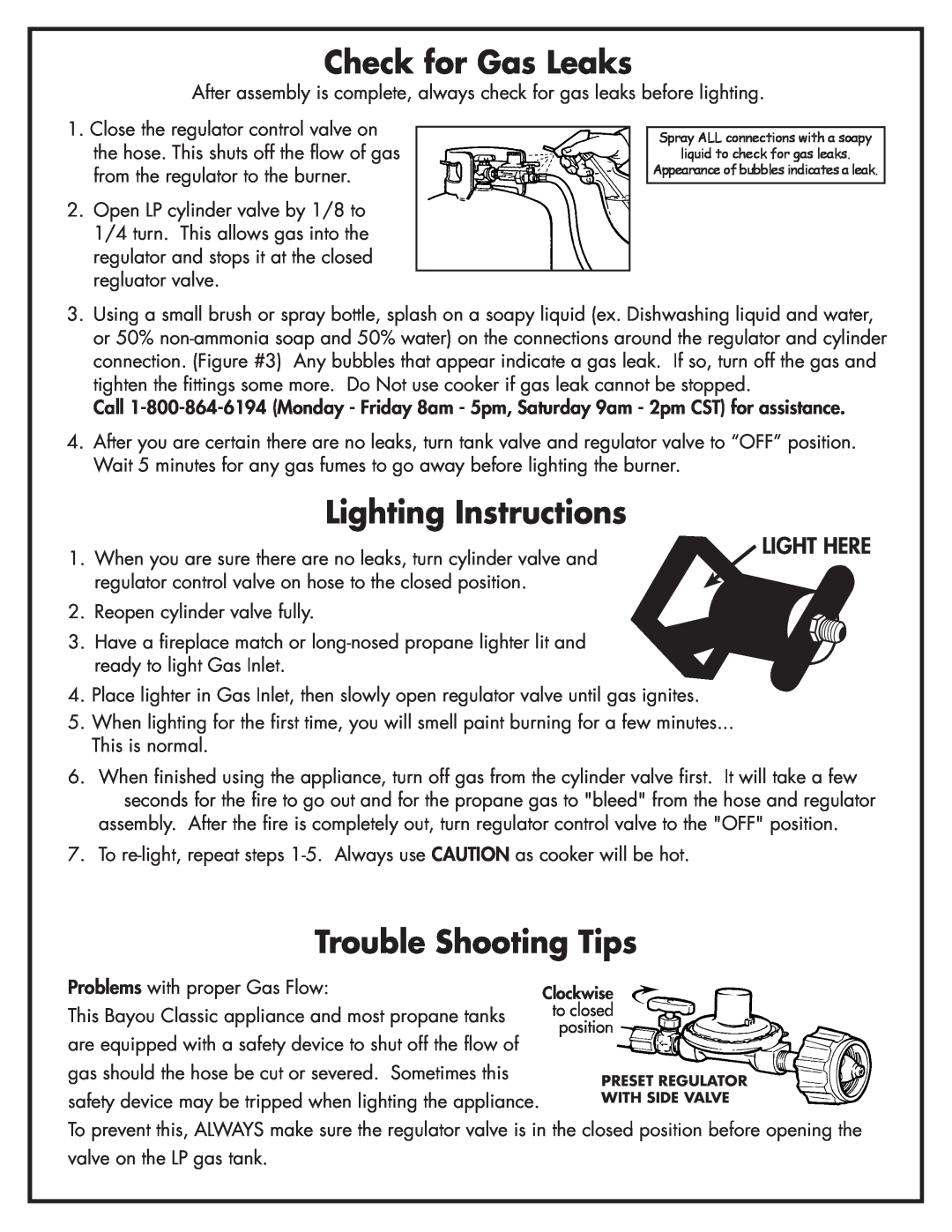 Bayou Classic 700-701 manual Check for Gas Leaks, Lighting Instructions, Trouble Shooting Tips 