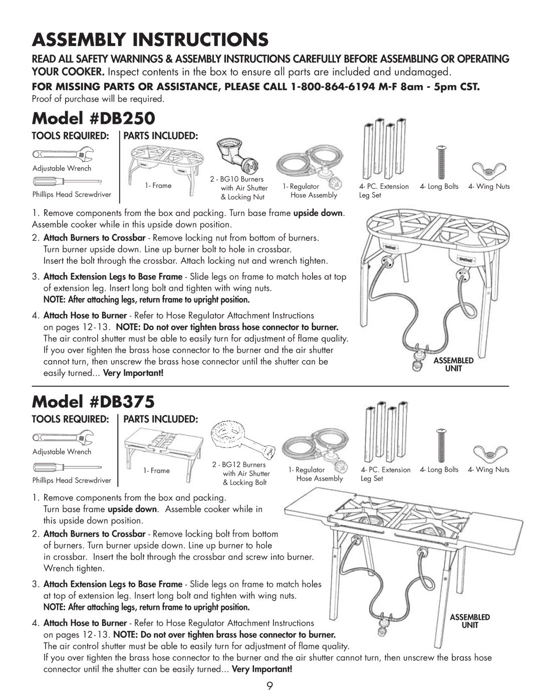 Bayou Classic DB375 owner manual Assembly Instructions, Model #DB250 