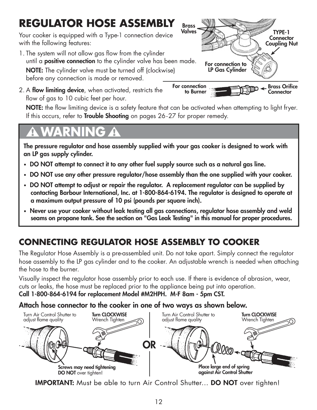 Bayou Classic DB250, DB375 owner manual Regulator Hose Assembly Brass, Connecting Regulator Hose Assembly to Cooker 