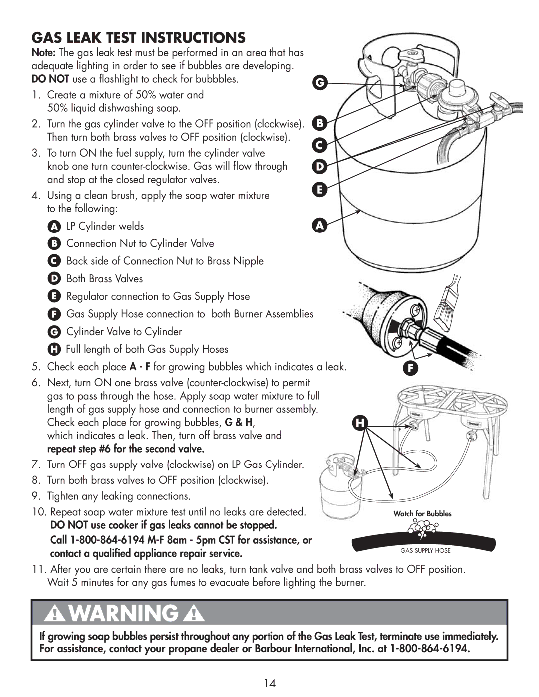 Bayou Classic DB250, DB375 owner manual GAS Leak Test Instructions 