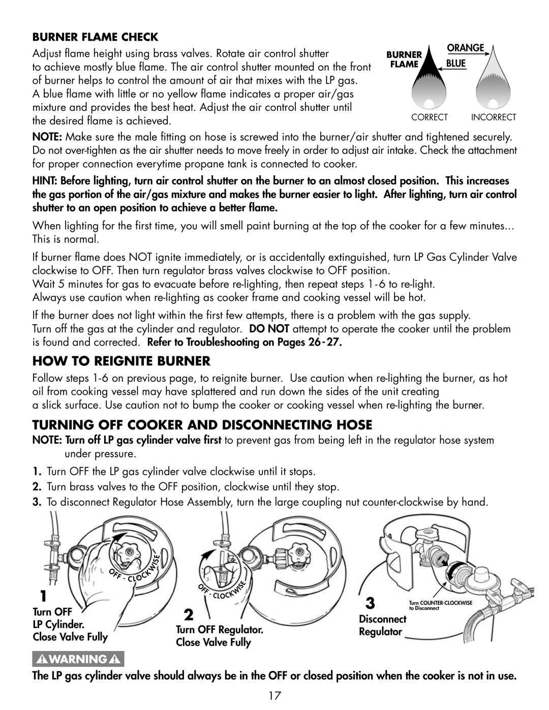 Bayou Classic DB375, DB250 owner manual HOW to Reignite Burner, Turning OFF Cooker and Disconnecting Hose 