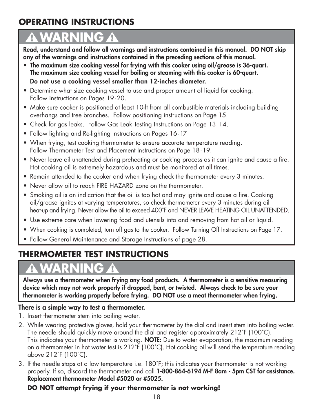 Bayou Classic DB250, DB375 owner manual Operating Instructions, Thermometer Test Instructions 