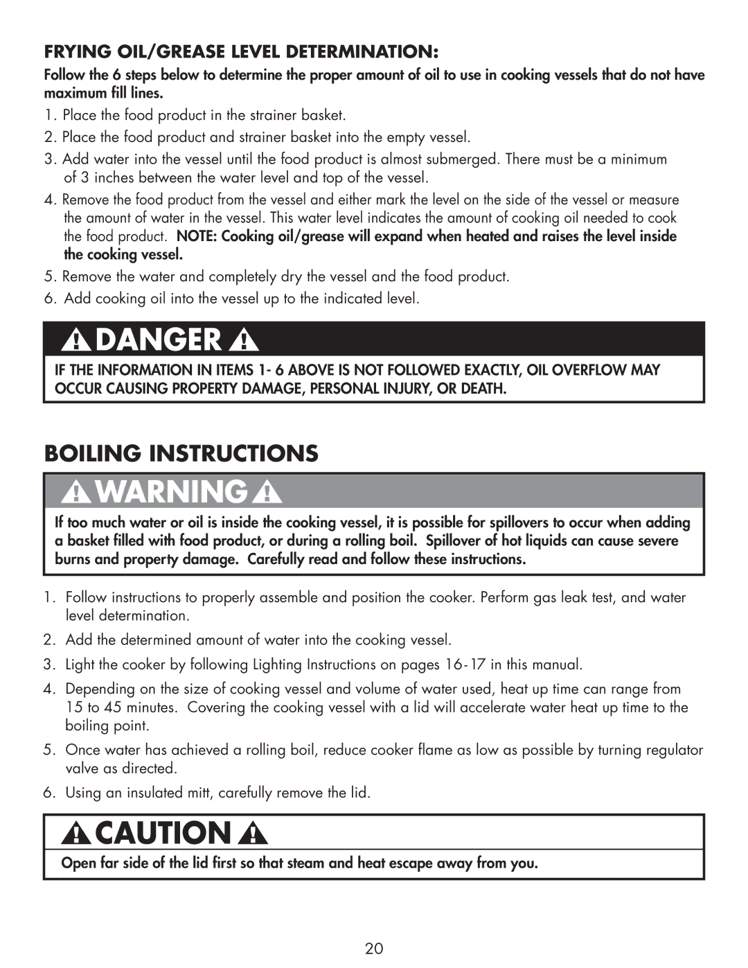 Bayou Classic DB250, DB375 owner manual Boiling Instructions, Frying OIL/GREASE Level Determination 