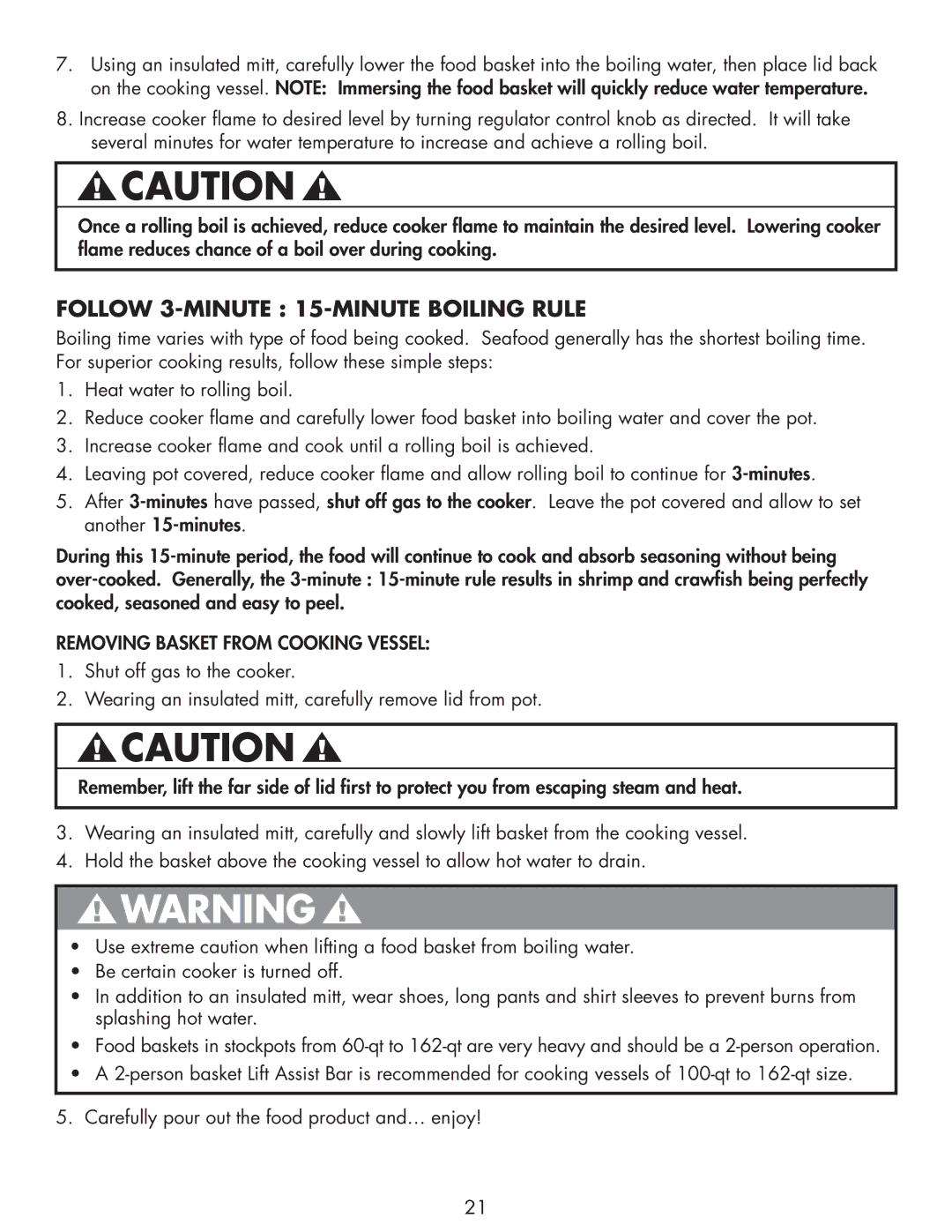 Bayou Classic DB375, DB250 owner manual Follow 3-MINUTE 15-MINUTE Boiling Rule, Removing Basket from Cooking Vessel 