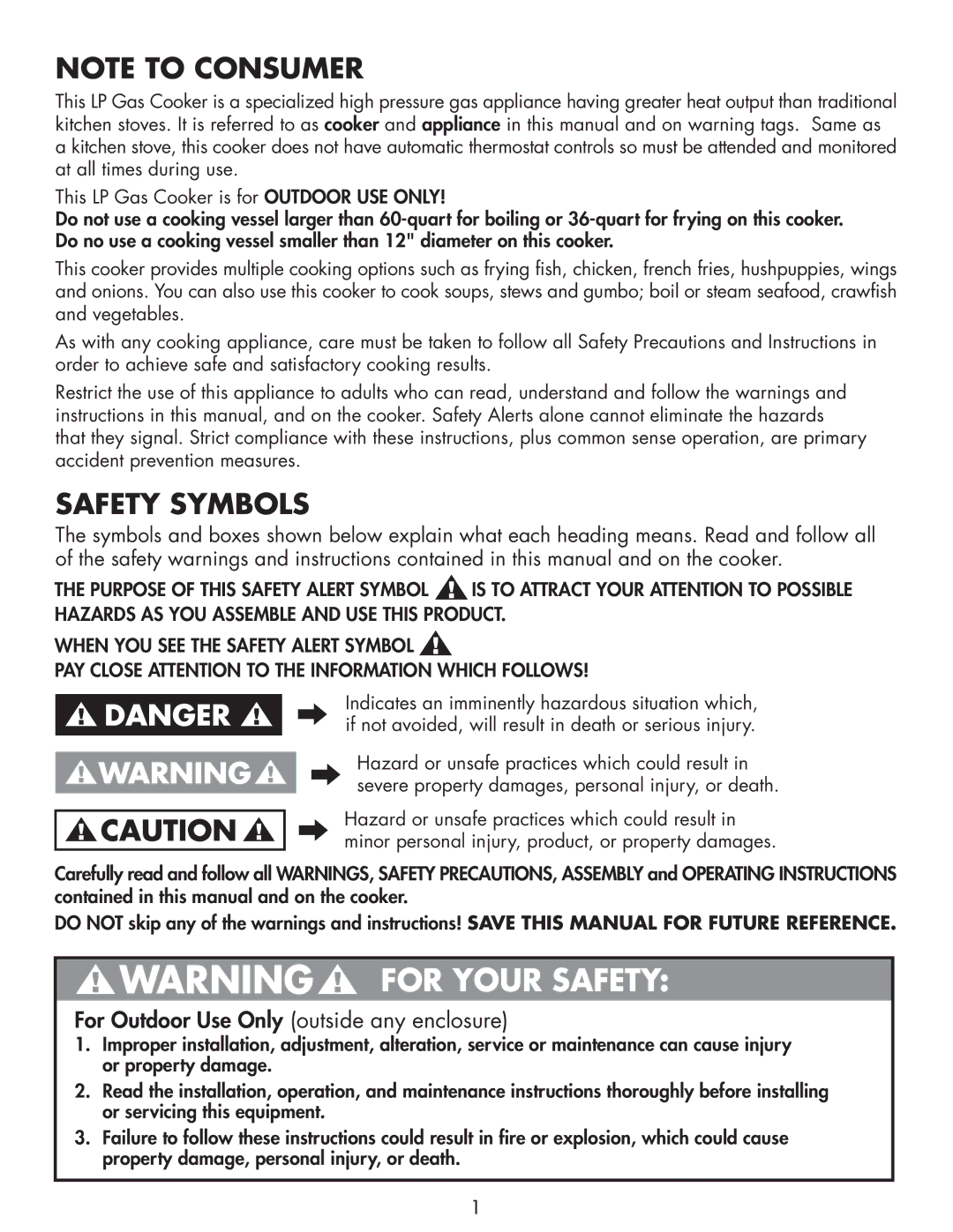 Bayou Classic DB375, DB250 owner manual Safety Symbols 