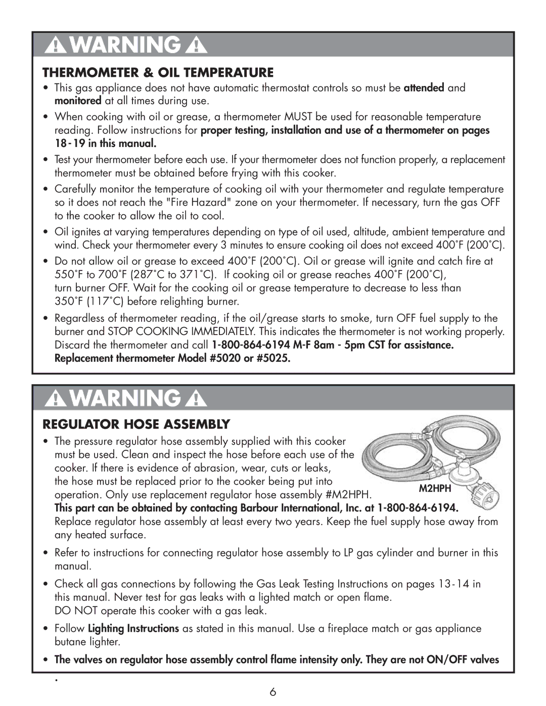 Bayou Classic DB250, DB375 owner manual Thermometer & OIL Temperature, Regulator Hose Assembly 