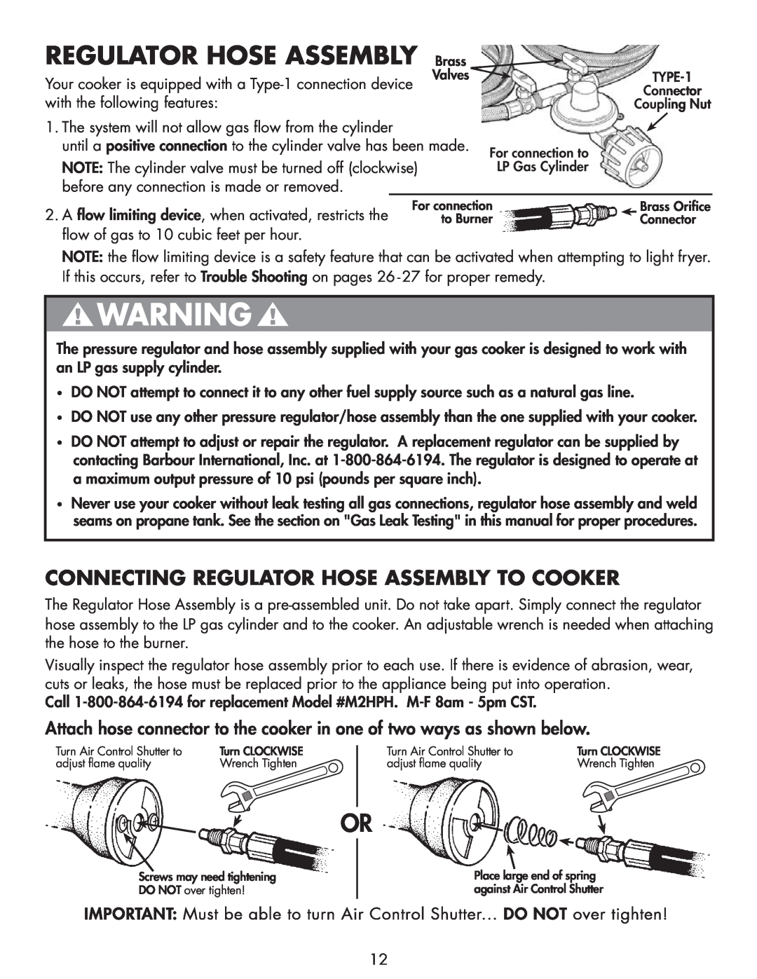 Bayou Classic DB250, DB375 owner manual REGULATOR HOSE ASSEMBLY Brass, Connecting Regulator Hose Assembly To Cooker 