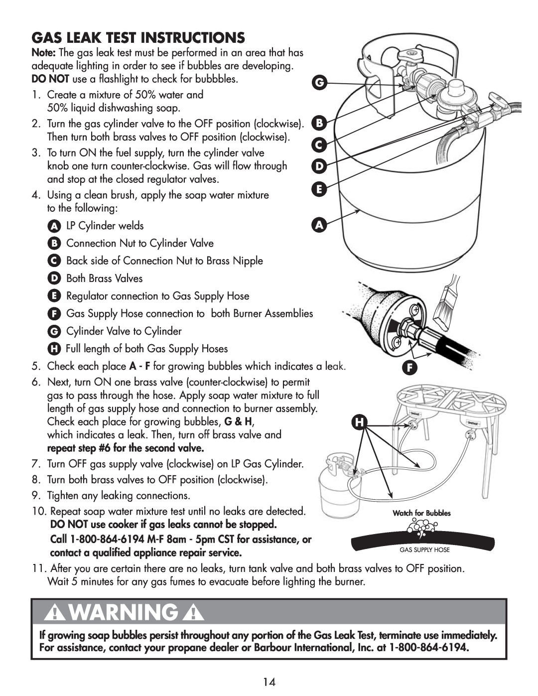 Bayou Classic DB250, DB375 owner manual Gas Leak Test Instructions 