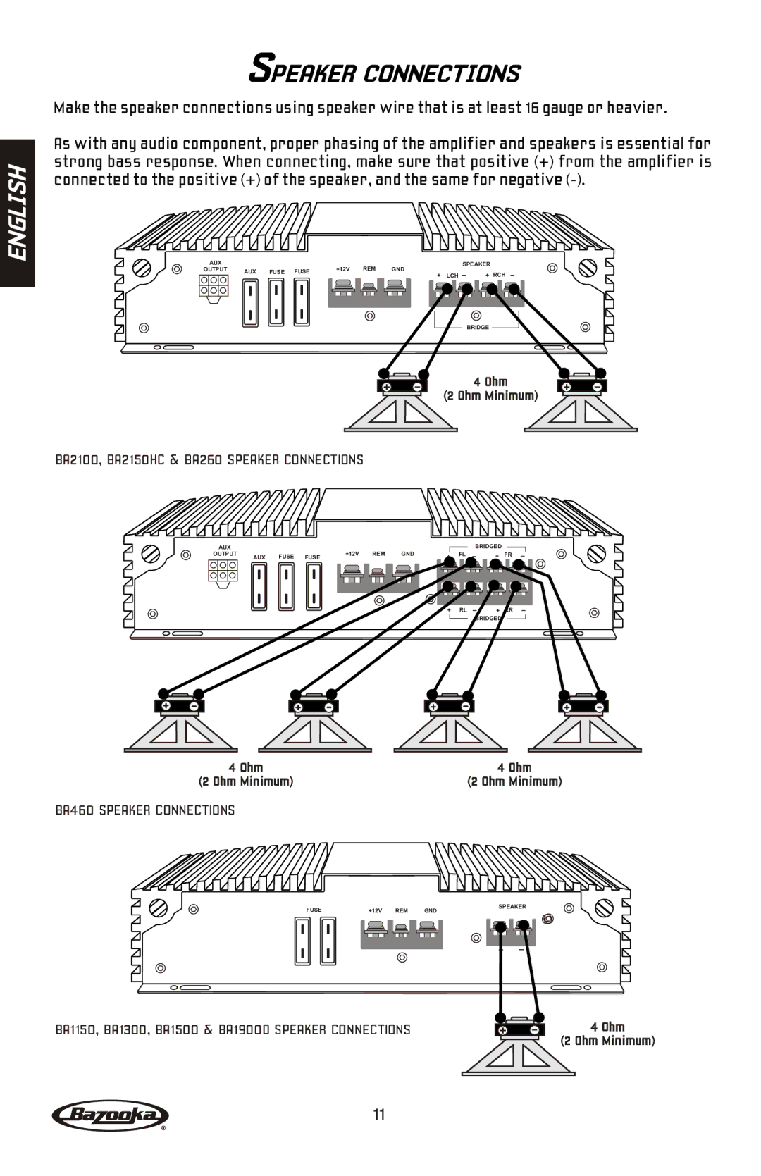 Bazooka BA2150HC, BA2100, BA260 manual BA460 Speaker Connections 