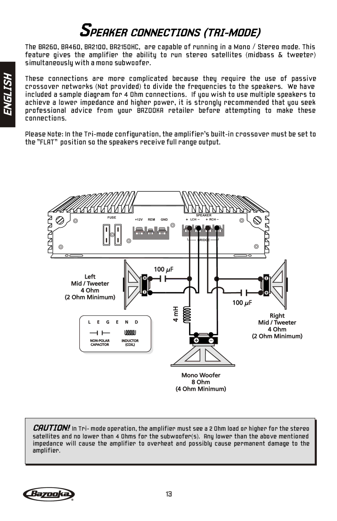 Bazooka BA260, BA2150HC, BA2100, BA460 manual Speaker Connections TRI-MODE 