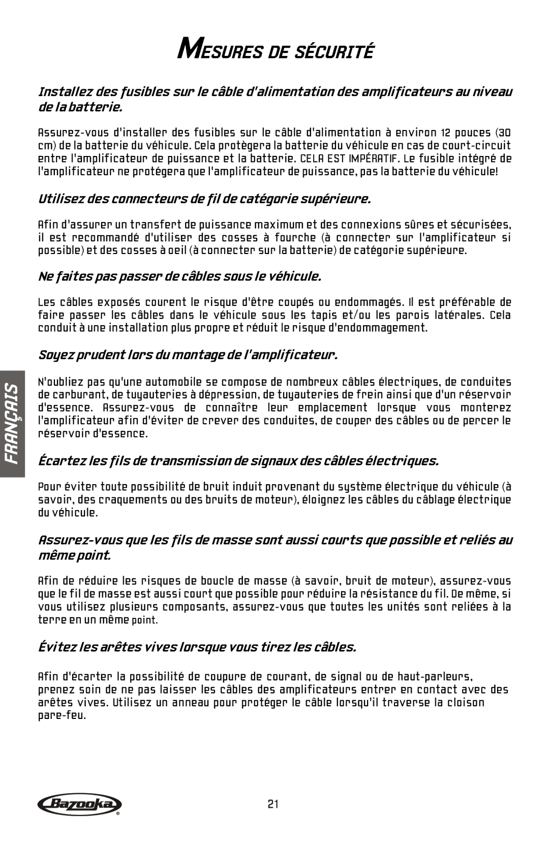 Bazooka BA260, BA2150HC, BA2100, BA460 manual Mesures DE Sécurité, Utilisez des connecteurs de fil de catégorie supérieure 