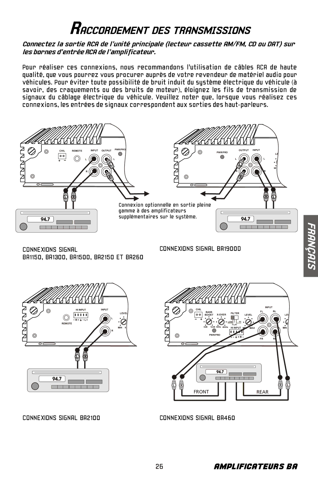 Bazooka BA460, BA2150HC, BA2100, BA260 manual Raccordement DES Transmissions 