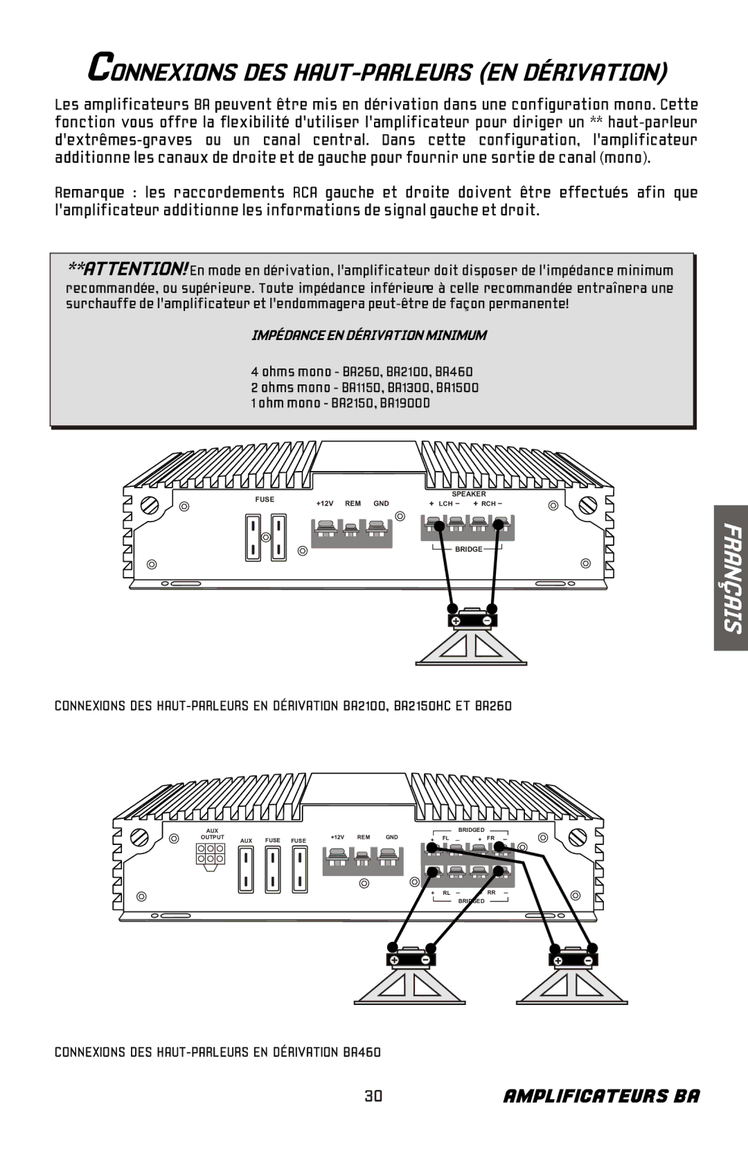 Bazooka BA2150HC, BA2100, BA260 manual Connexions DES HAUT-PARLEURS EN Dérivation BA460 