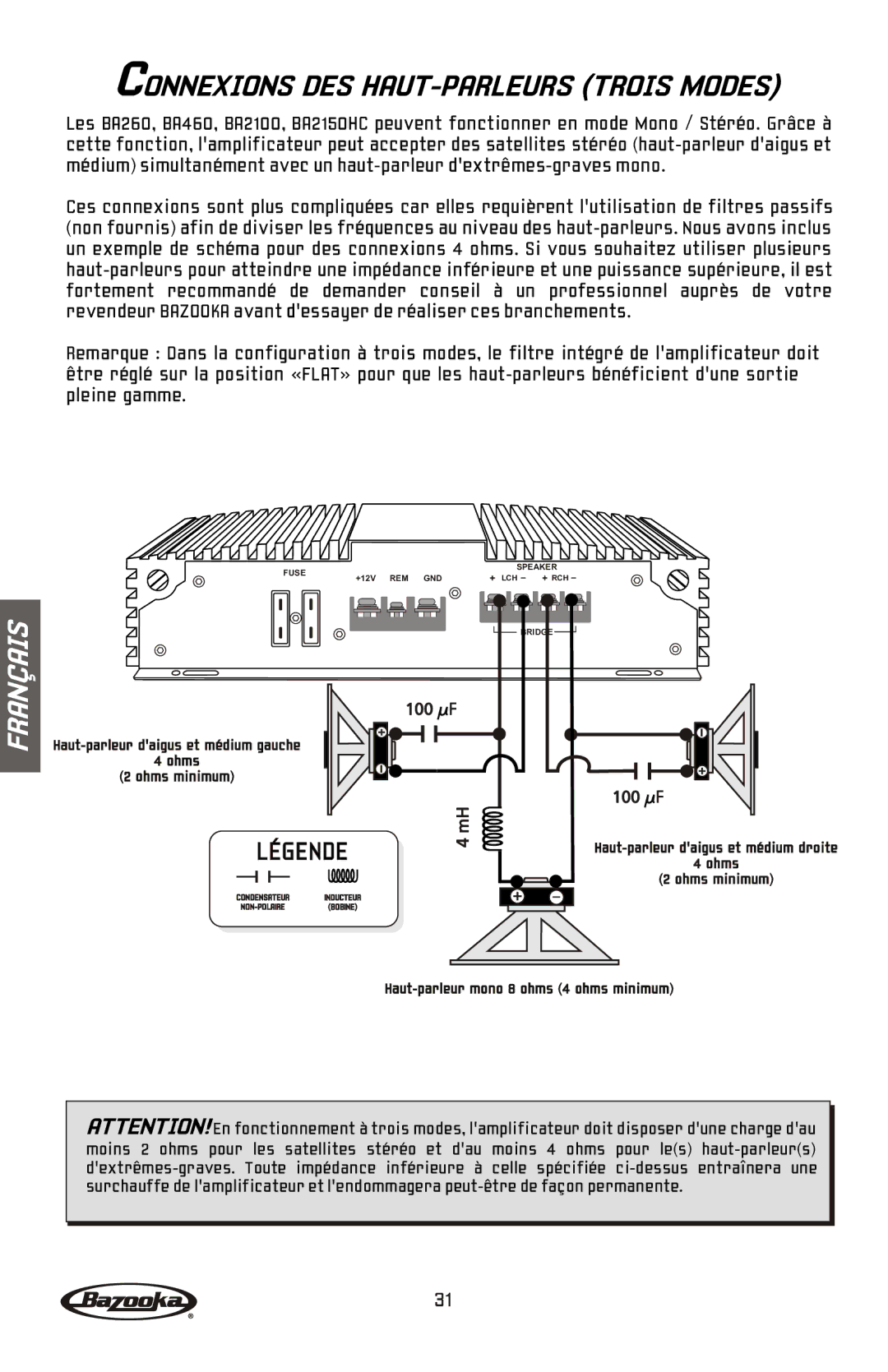 Bazooka BA2150HC, BA2100, BA260, BA460 manual Connexions DES HAUT-PARLEURS Trois Modes 