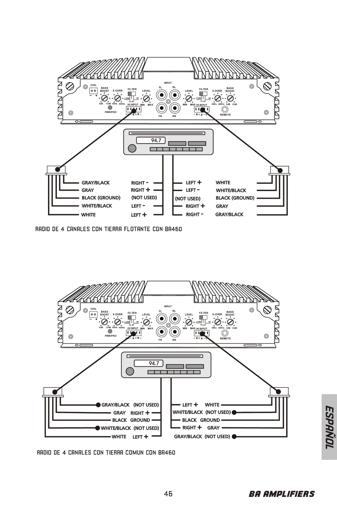 Bazooka BA2150HC, BA260 Radio DE 4 Canales CON Tierra Flotante CON BA460, Radio DE 4 Canales CON Tierra Comun CON BA460 