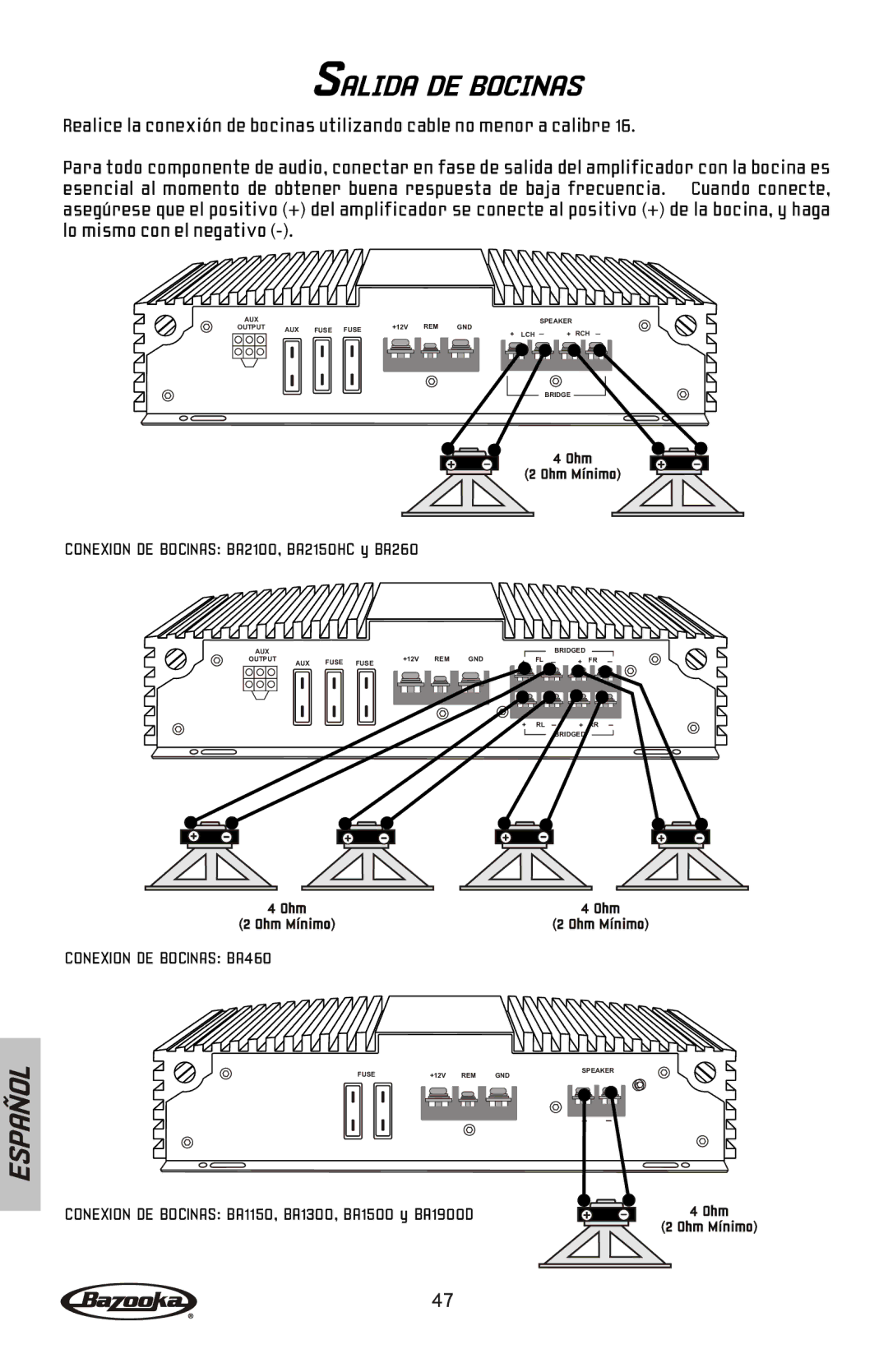 Bazooka BA2150HC, BA2100, BA260 manual Salida DE Bocinas, Conexion DE Bocinas BA460 