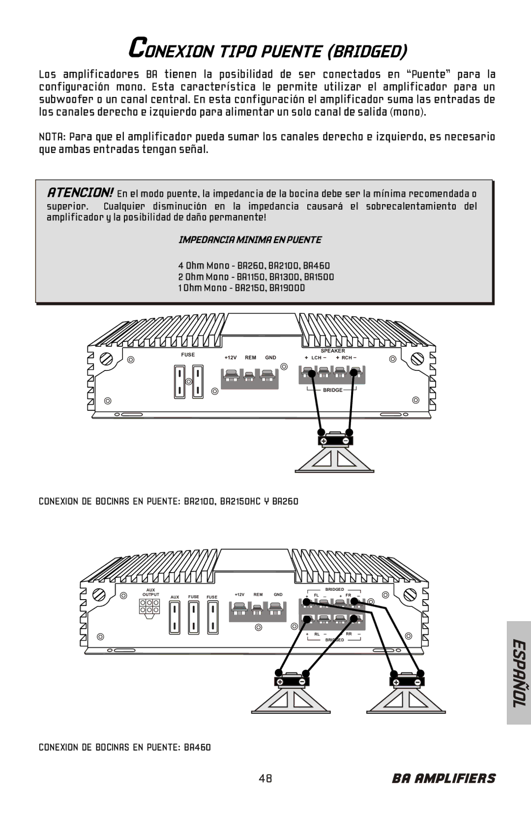 Bazooka BA460 manual Conexion Tipo Puente Bridged, Conexion DE Bocinas EN Puente BA2100, BA2150HC Y BA260 