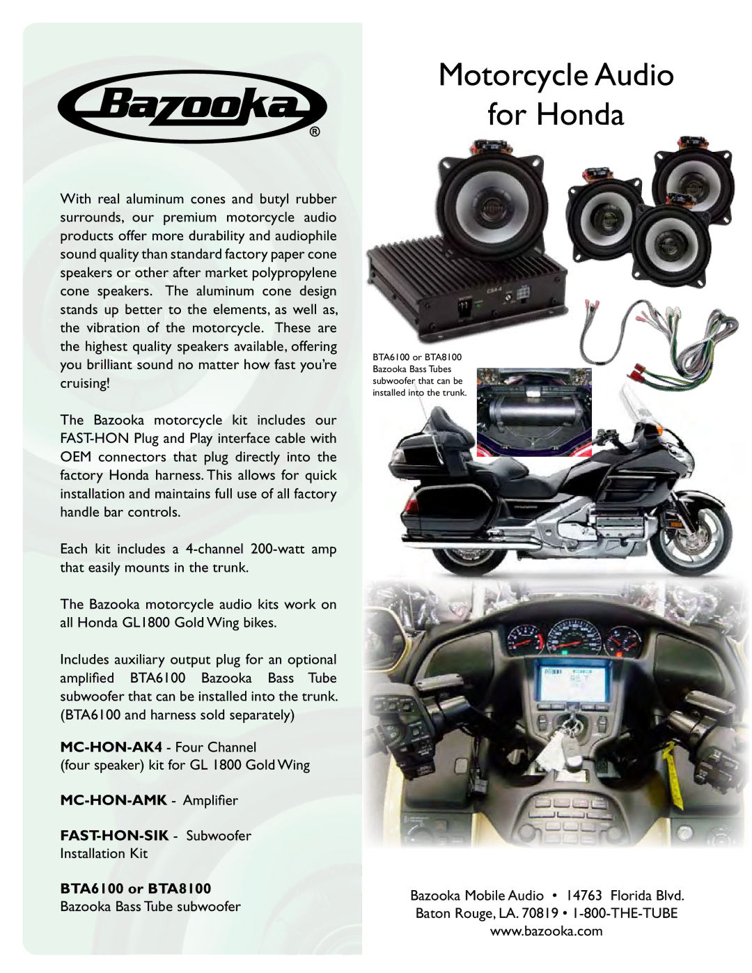 Bazooka BTA6100, BTA8100 manual Motorcycle Audio For Honda 