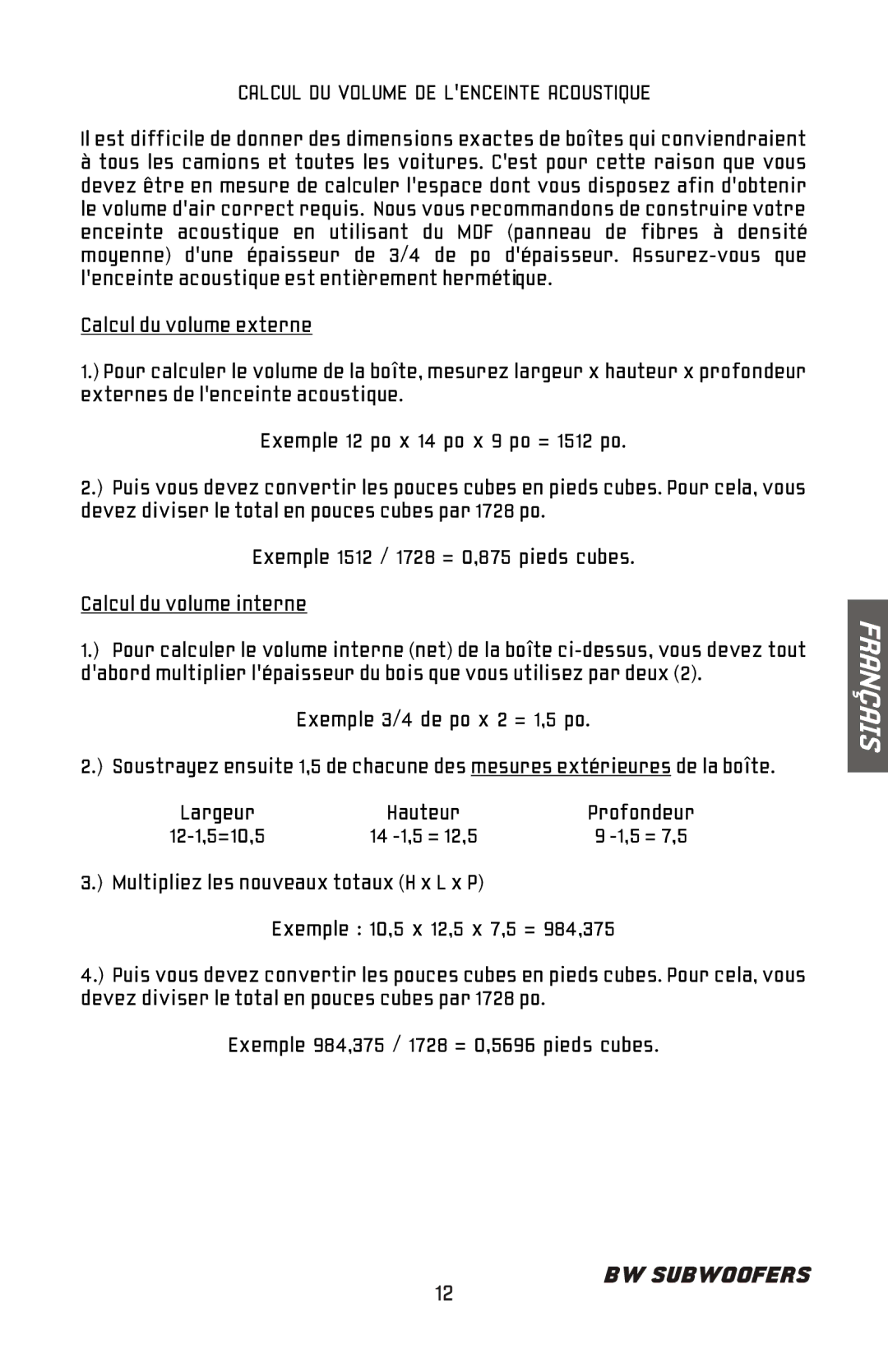 Bazooka BW1214, BW1224, BW1024, BW1014 manual Calcul DU Volume DE Lenceinte Acoustique 