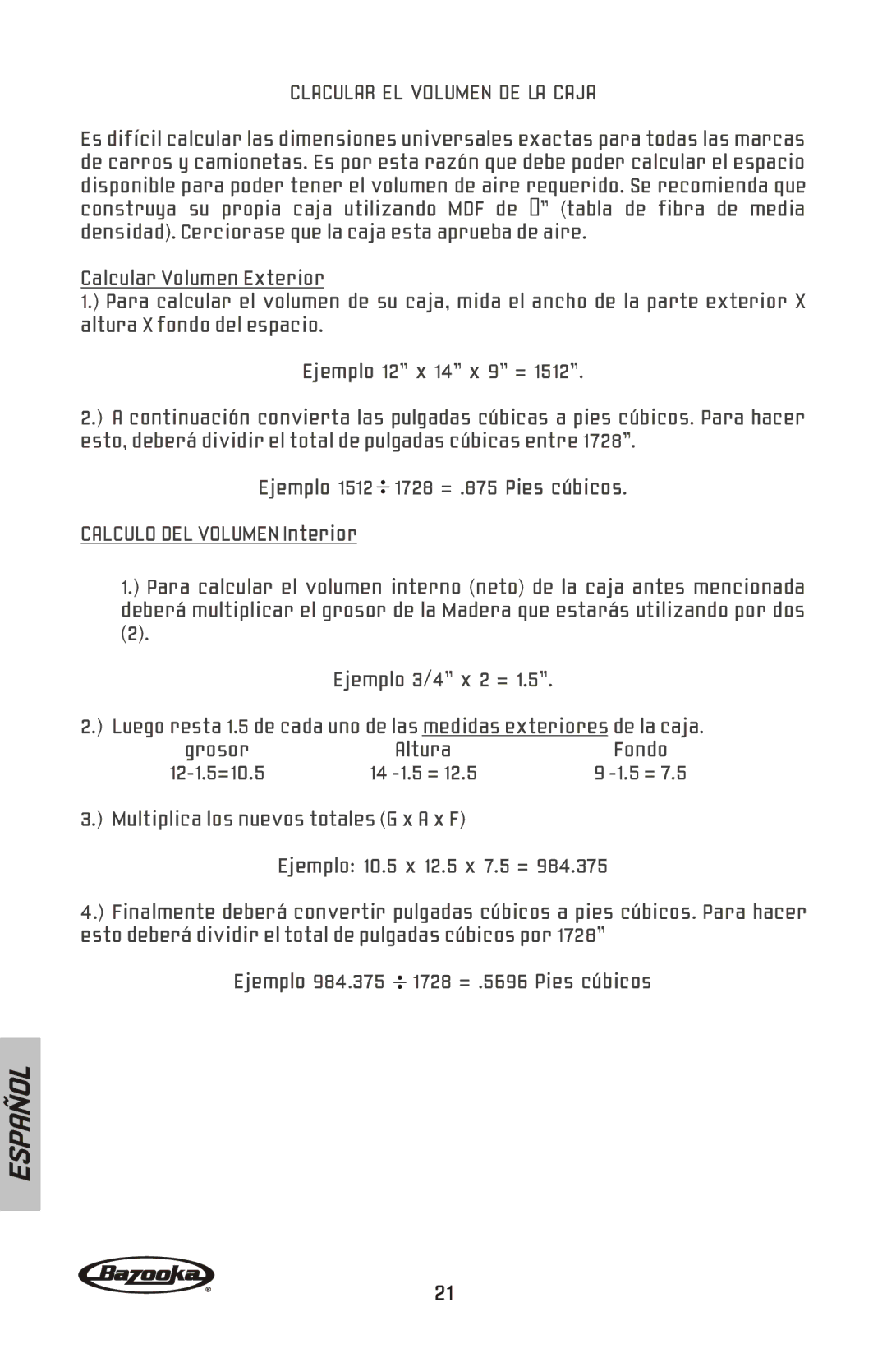 Bazooka BW1024, BW1224, BW1214, BW1014 manual Clacular EL Volumen DE LA Caja 