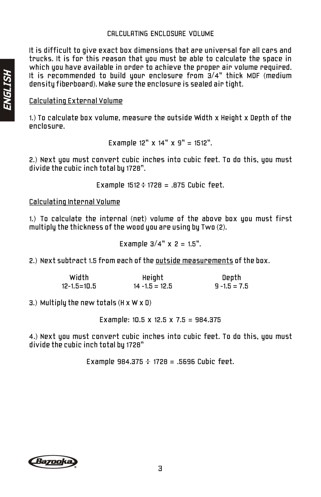 Bazooka BW1224, BW1214, BW1024, BW1014 manual Calculating Enclosure Volume 