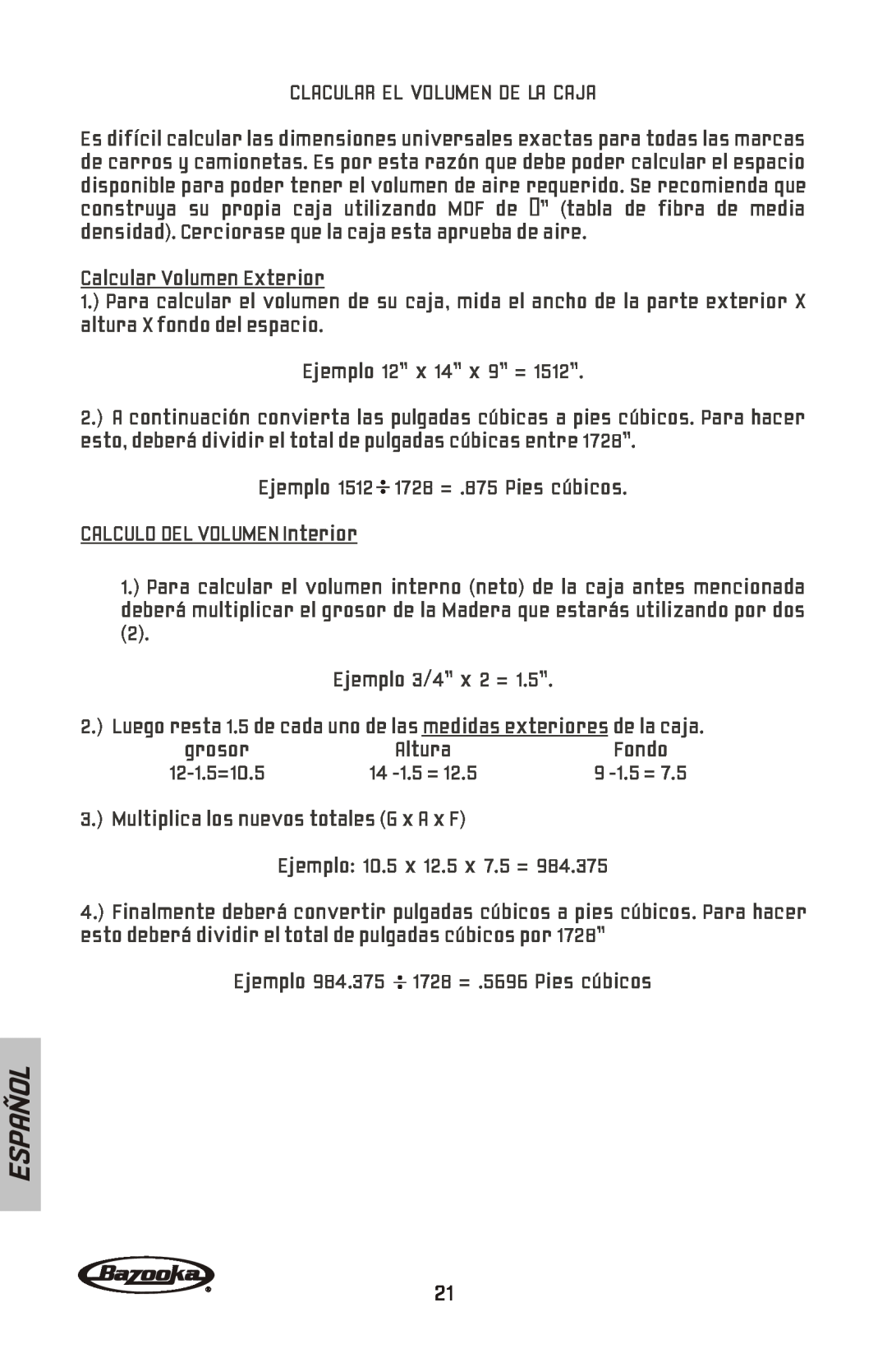 Bazooka BW1024, BW1224, BW1214, BW1014 manual Español, Clacular El Volumen De La Caja 