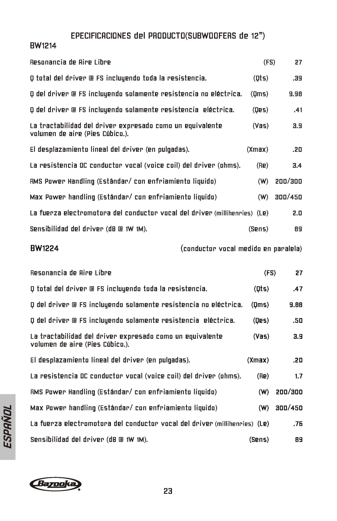 Bazooka BW1224, BW1024, BW1014 manual EPECIFICACIONES del PRODUCTOSUBWOOFERS de 12”, BW1214, Español 