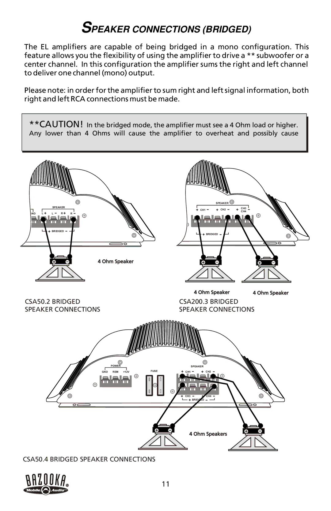 Bazooka CSA150.1, CSA50.4, CSA50.2, CSA200.3, CSA300.1 manual Speaker Connections Bridged 