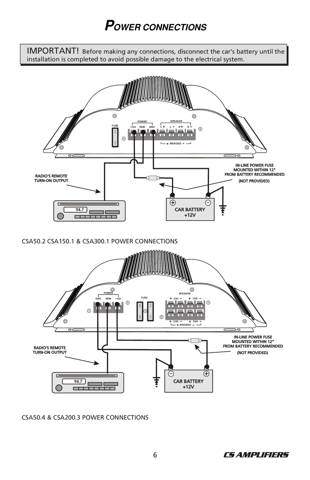 Bazooka CSA50.4, CSA200.3 manual CSA50.2 CSA150.1 & CSA300.1 Power Connections 