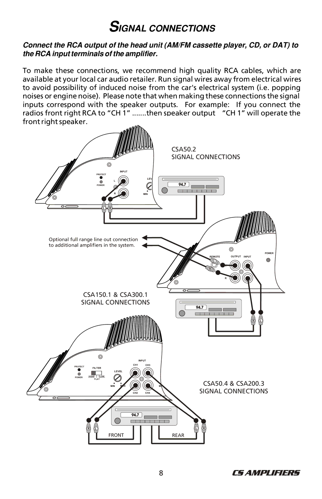 Bazooka CSA300.1, CSA50.4, CSA50.2, CSA150.1, CSA200.3 manual Signal Connections 