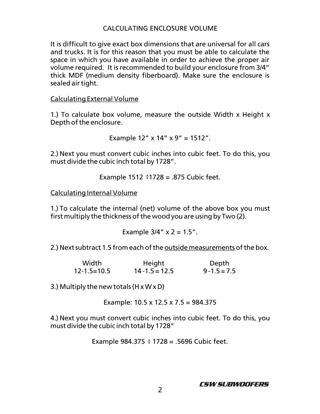 Bazooka CSW1004, CSW1204 manual Calculating Enclosure Volume 