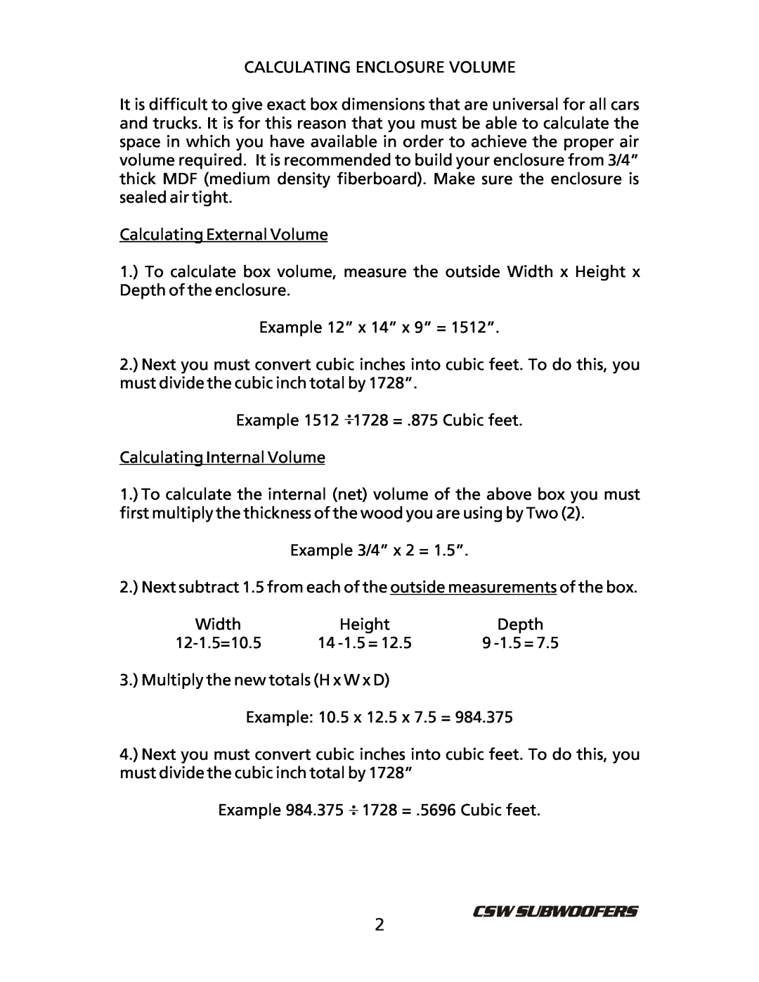 Bazooka CSW1004, CSW1204 manual Calculating Enclosure Volume 