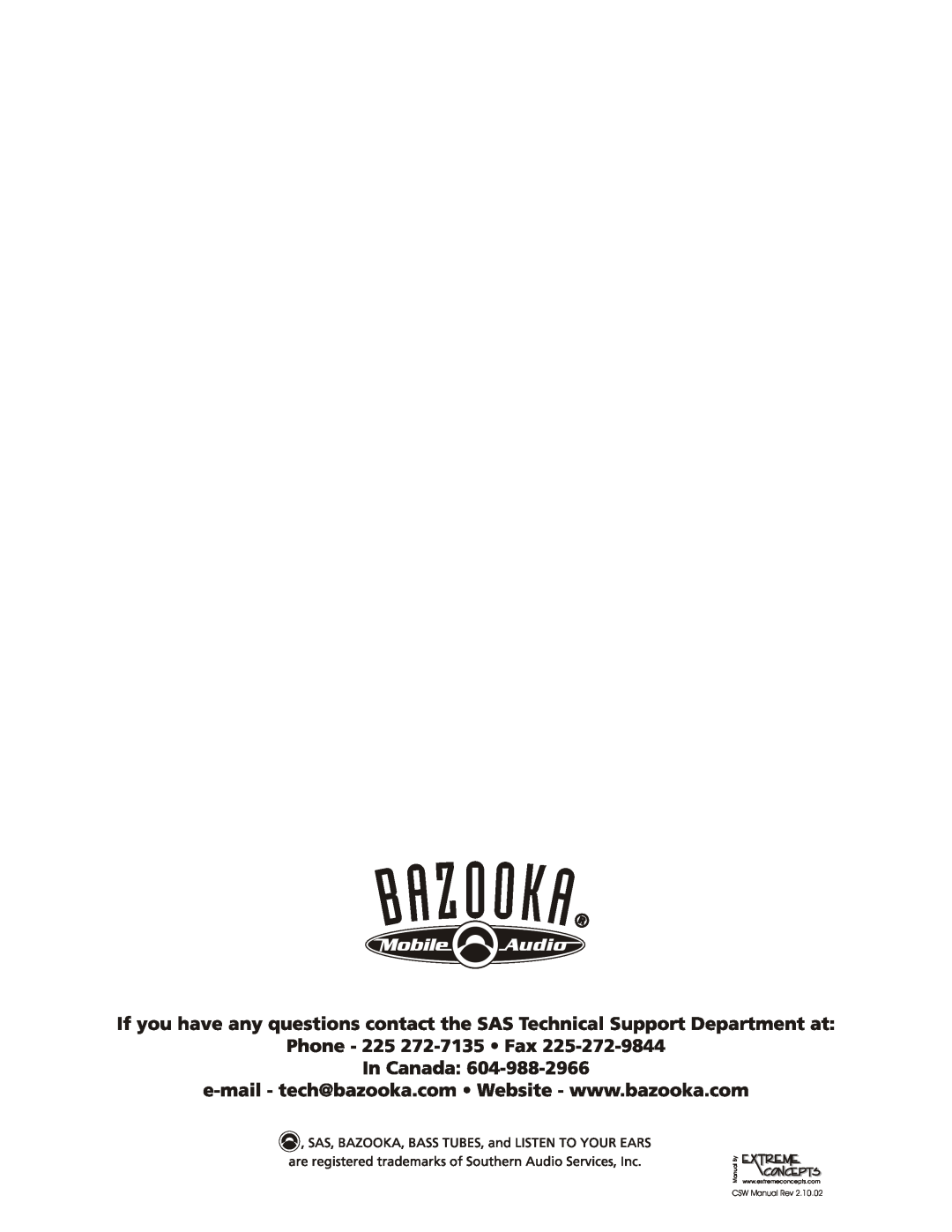 Bazooka CSW1204, CSW1004 manual CSW Manual Rev, Manual By 