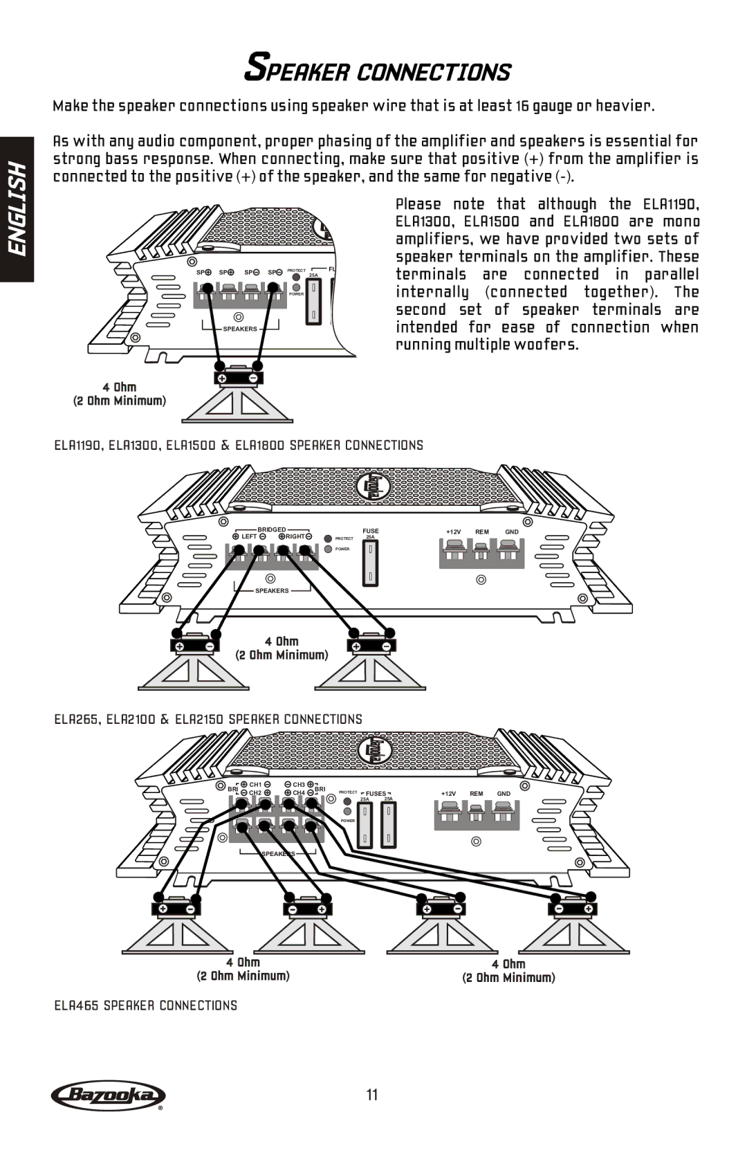 Bazooka ELA1190, ELA1300, ELA2100, ELA2150, ELA1800, ELA1500, ELA465, ELA265 manual Speaker Connections 