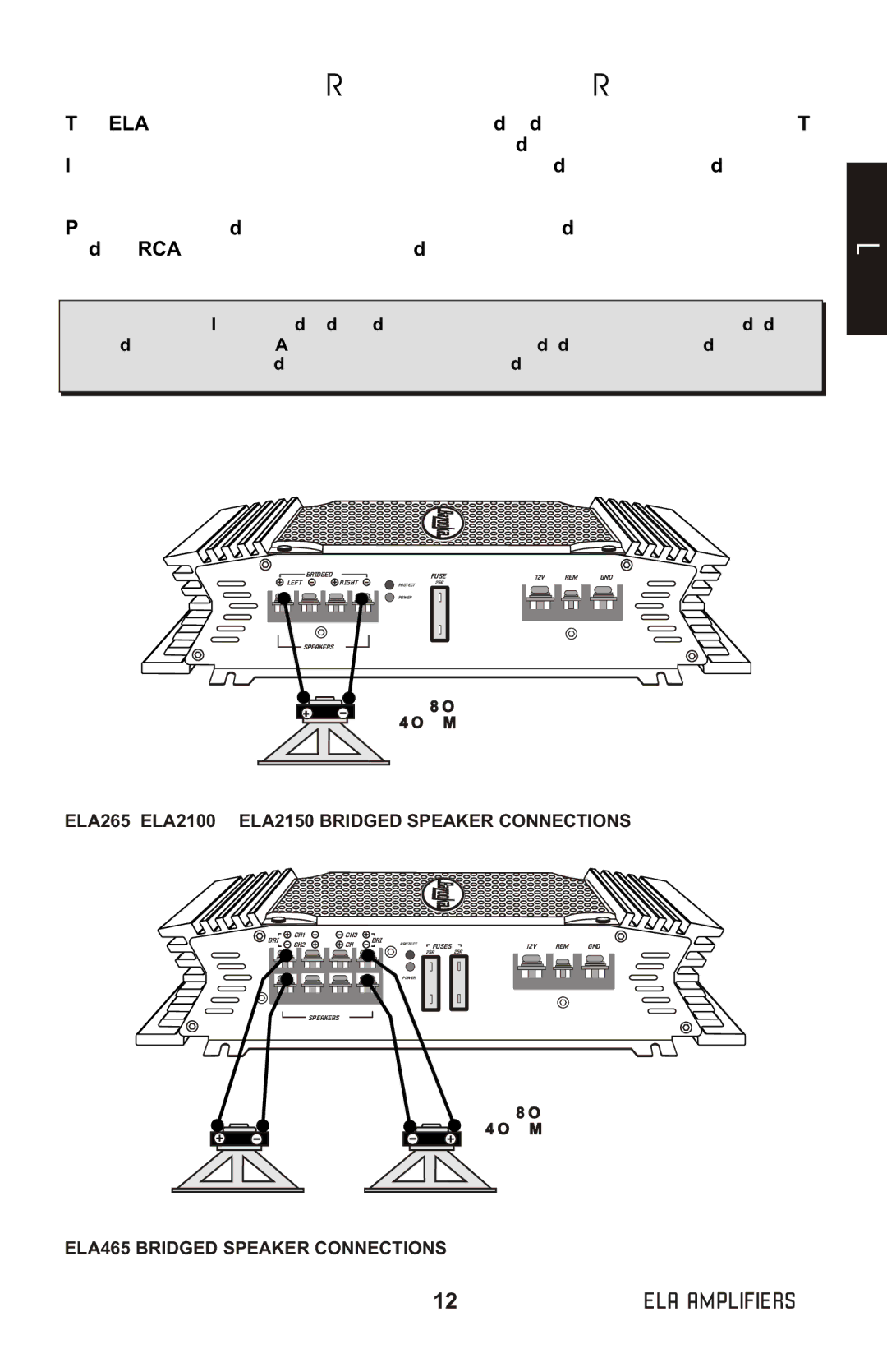 Bazooka ELA1500, ELA1300, ELA2100, ELA2150, ELA1800, ELA1190, ELA465, ELA265 manual Speaker Connections Bridged 