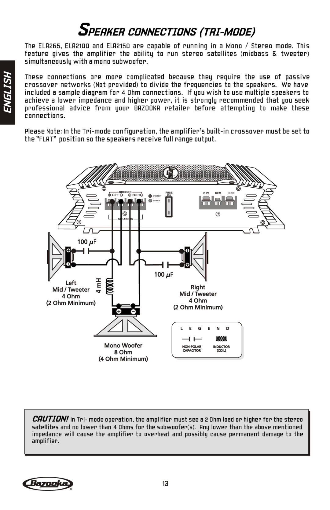 Bazooka ELA465, ELA1300, ELA2100, ELA2150, ELA1800, ELA1190, ELA1500, ELA265 manual Speaker Connections TRI-MODE 