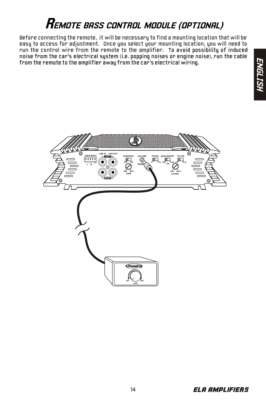 Bazooka ELA265, ELA1300, ELA2100, ELA2150, ELA1800, ELA1190, ELA1500, ELA465 manual Remote Bass Control Module Optional 