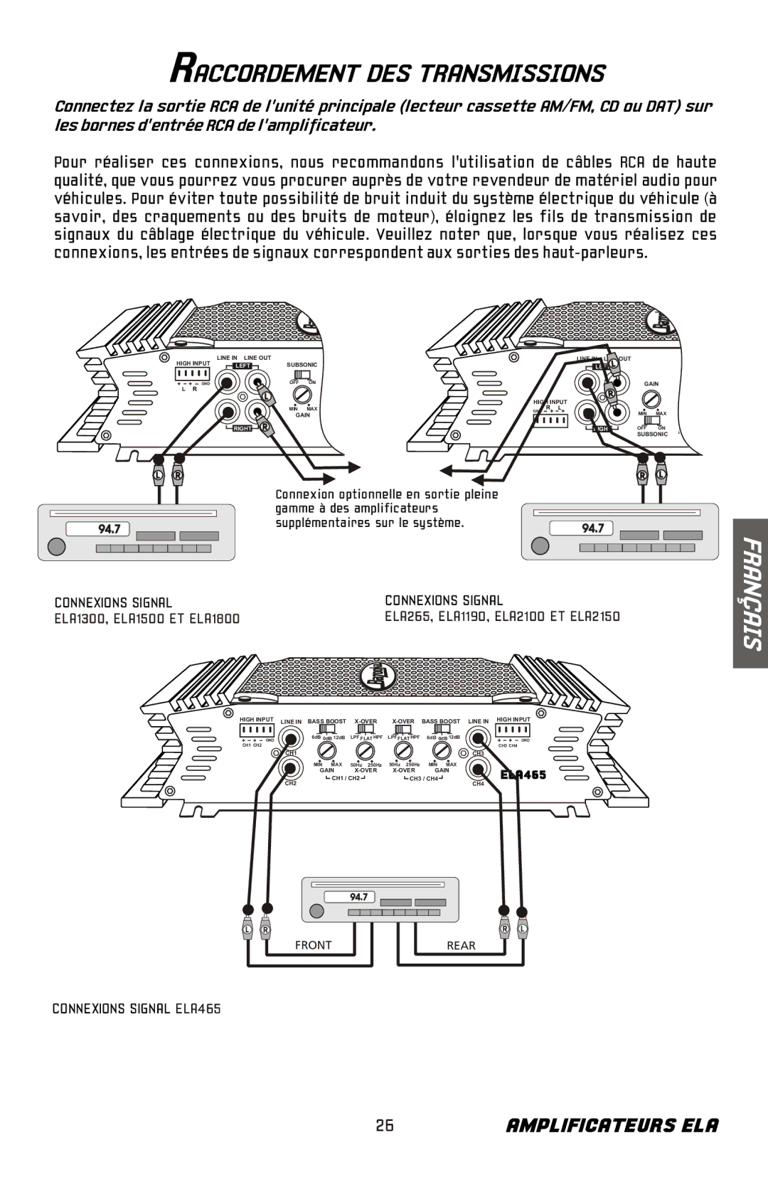 Bazooka ELA1800, ELA1300, ELA2100, ELA2150, ELA1190, ELA1500 manual Raccordement DES Transmissions, Connexions Signal ELA465 