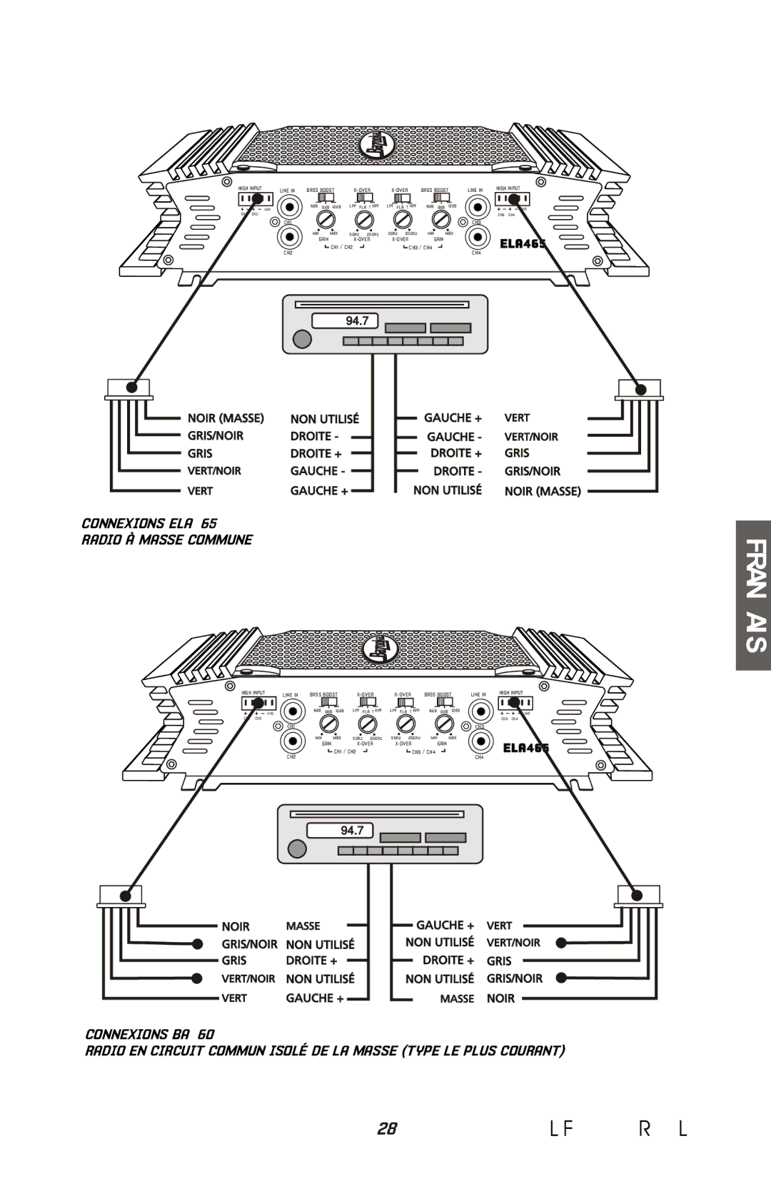 Bazooka ELA1500, ELA1300, ELA2100, ELA2150, ELA1800, ELA1190, ELA265 manual Connexions ELA465 Radio À Masse Commune 