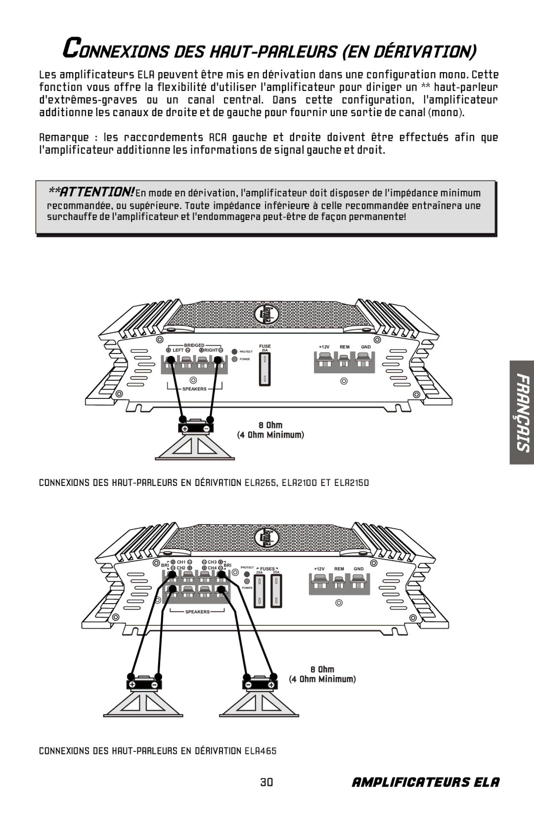 Bazooka ELA265, ELA1300, ELA2100, ELA2150, ELA1800, ELA1190, ELA1500 manual Connexions DES HAUT-PARLEURS EN Dérivation ELA465 