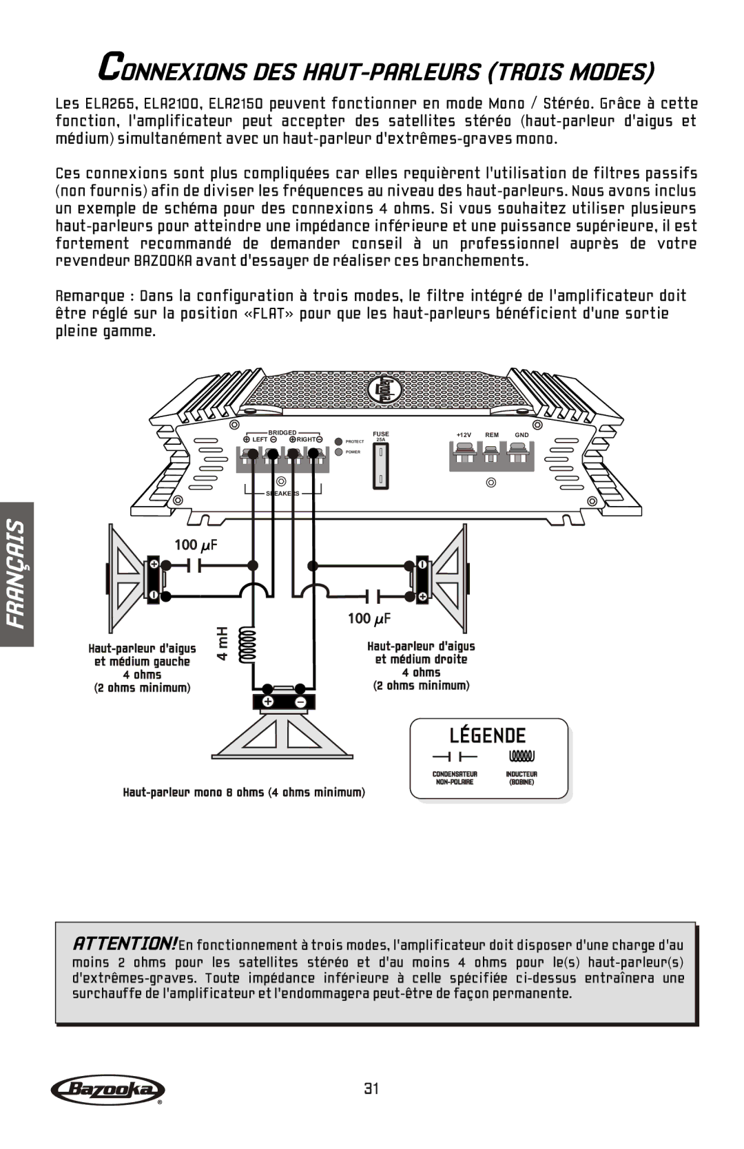 Bazooka ELA1300, ELA2100, ELA2150, ELA1800, ELA1190, ELA1500, ELA465, ELA265 manual Connexions DES HAUT-PARLEURS Trois Modes 