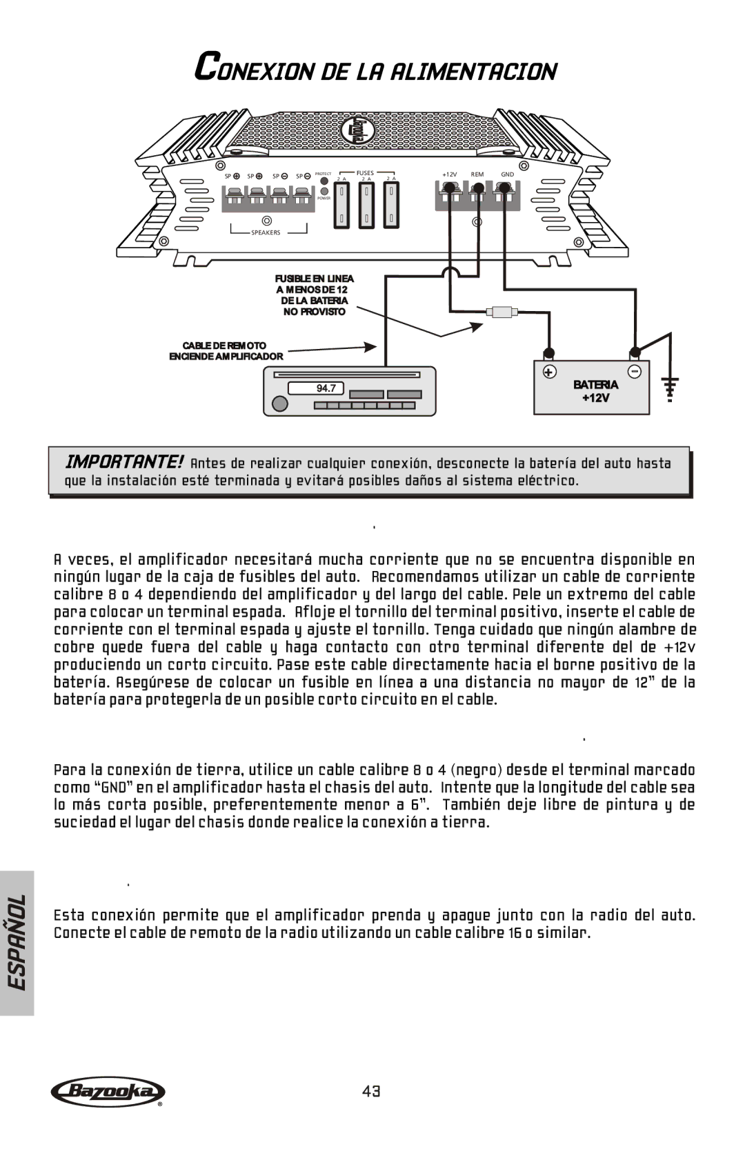 Bazooka ELA1190, ELA1300, ELA2100, ELA2150, ELA1800 manual Conexion DE LA Alimentacion, Conexión del amplificador a la batería 