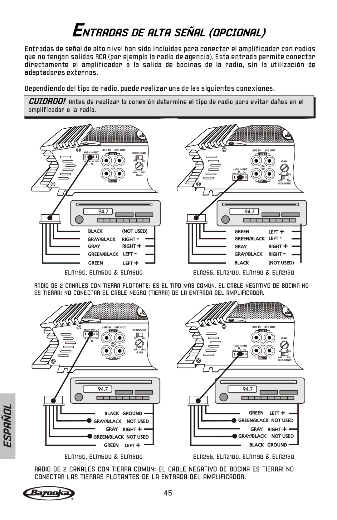 Bazooka ELA465, ELA1300, ELA2100, ELA2150, ELA1800, ELA1190, ELA1500, ELA265 manual Entradas DE Alta Señal Opcional 