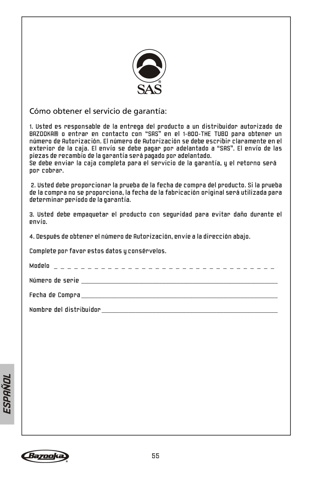 Bazooka ELA1300, ELA2100, ELA2150, ELA1800, ELA1190, ELA1500, ELA465, ELA265 manual Cómo obtener el servicio de garantía 