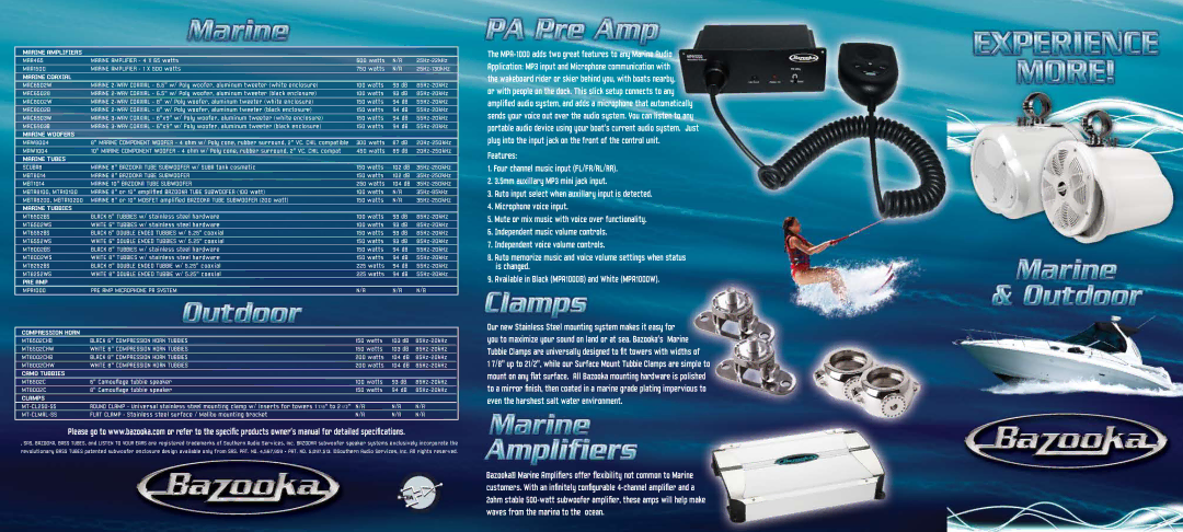 Bazooka MAA1500 owner manual Marine Amplifiers, Marine Coaxial, Marine Woofers, Marine Tubes, Marine Tubbies, Pre Amp 