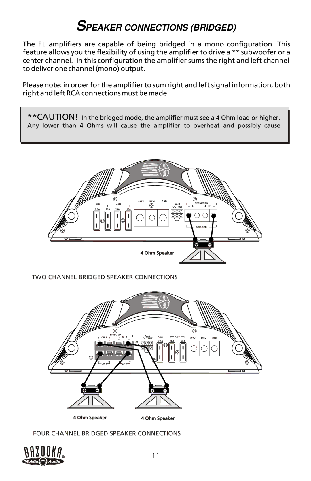 Bazooka ELA60.2, MAA60.4, ELA150.1, MAA500.1, ELA60.4, ELA300.1, ELA500.1 manual Speaker Connections Bridged 